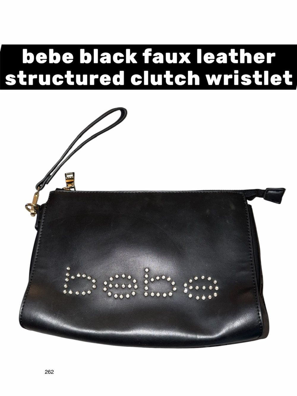 bebe black faux leather structured clutch wristlet